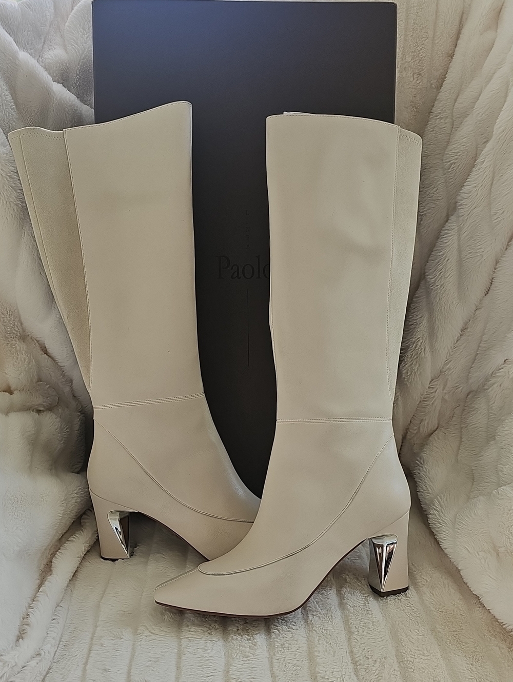 Paolo Cream Knee-High Pointed-Toe Boots with Sculpted Metallic Heel